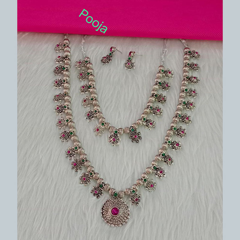 Pooja Bangles Silver Plated Pota Stone Long & Short Necklace Set