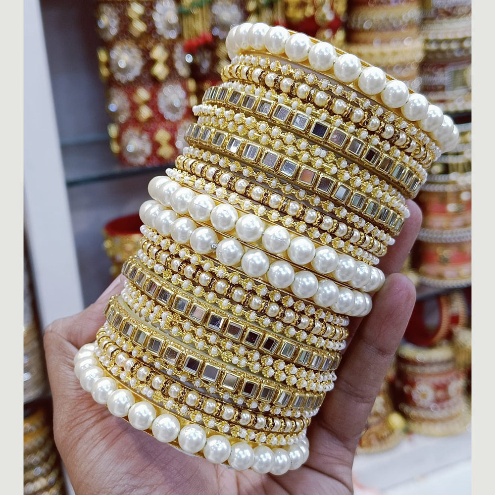 Pooja Bangles Gold Plated Mirror Bangles Set White