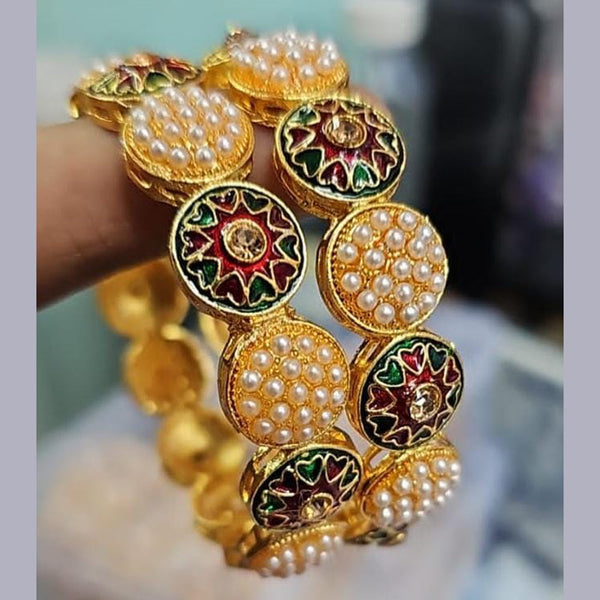 Pooja Bangles Gold Plated MeenakariAnd Pearl  Bangles Set