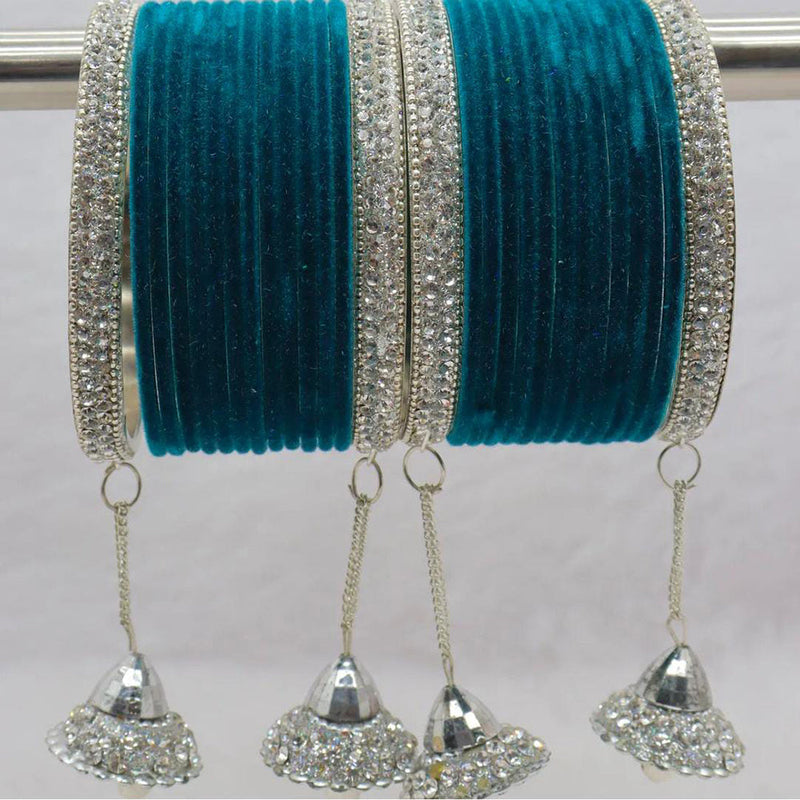 Pooja Bangles Silver Plated Austrian Stone And Velvet Bangles Set