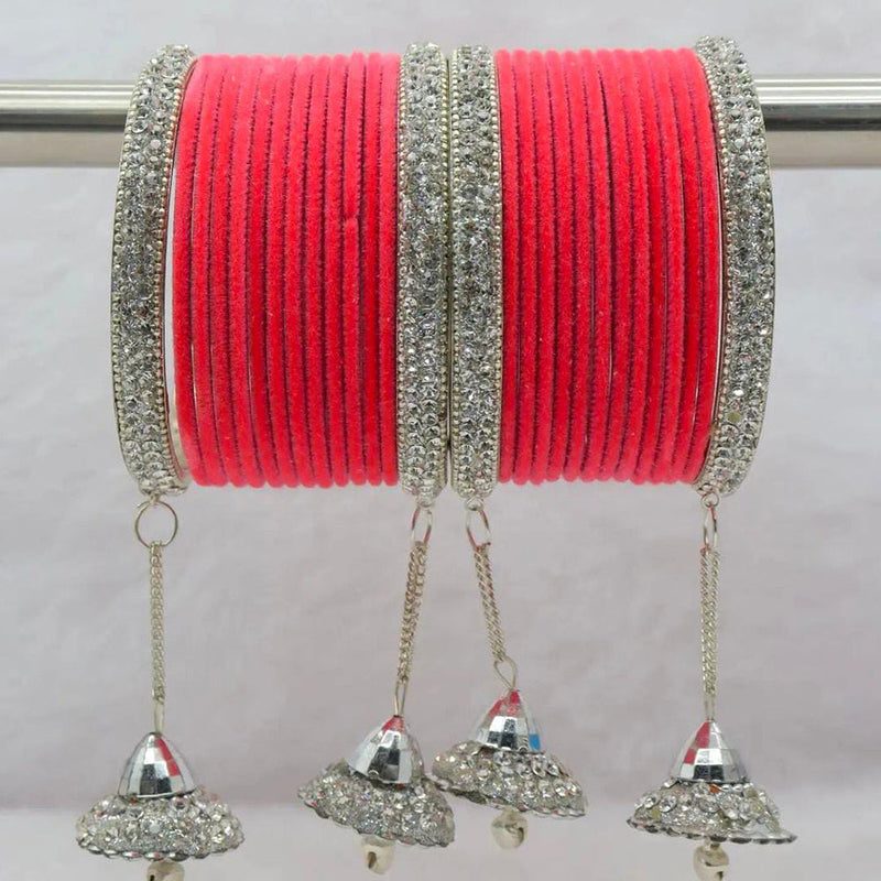 Pooja Bangles Silver Plated Austrian Stone And Velvet Bangles Set