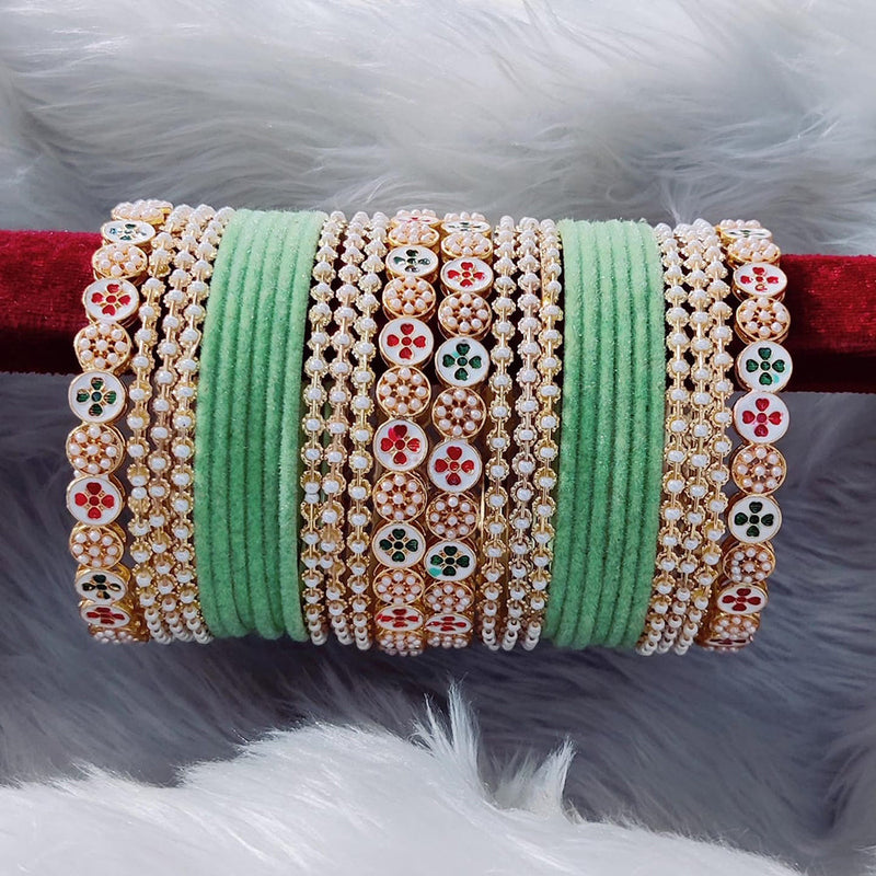 Pooja Bangles Meenakari And Pearl Velvet Bangles Set