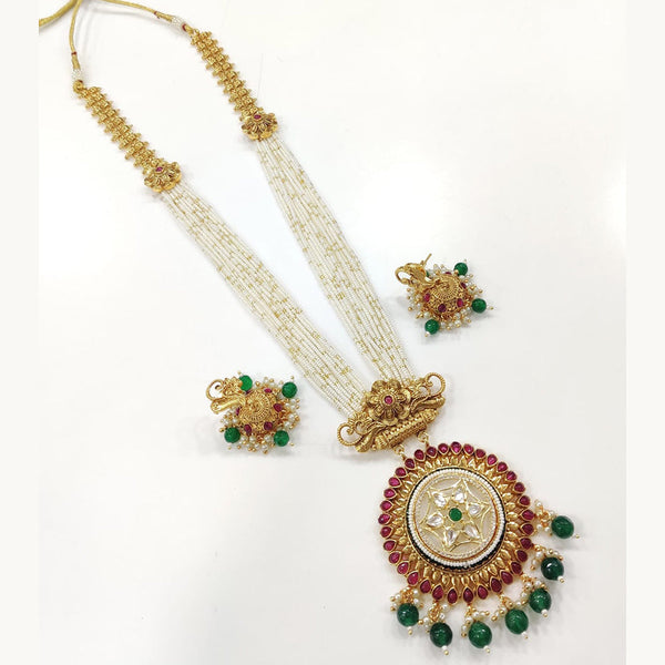 Hira Collections Gold Plated Kundan  Stone And Pearl Long Necklace Set