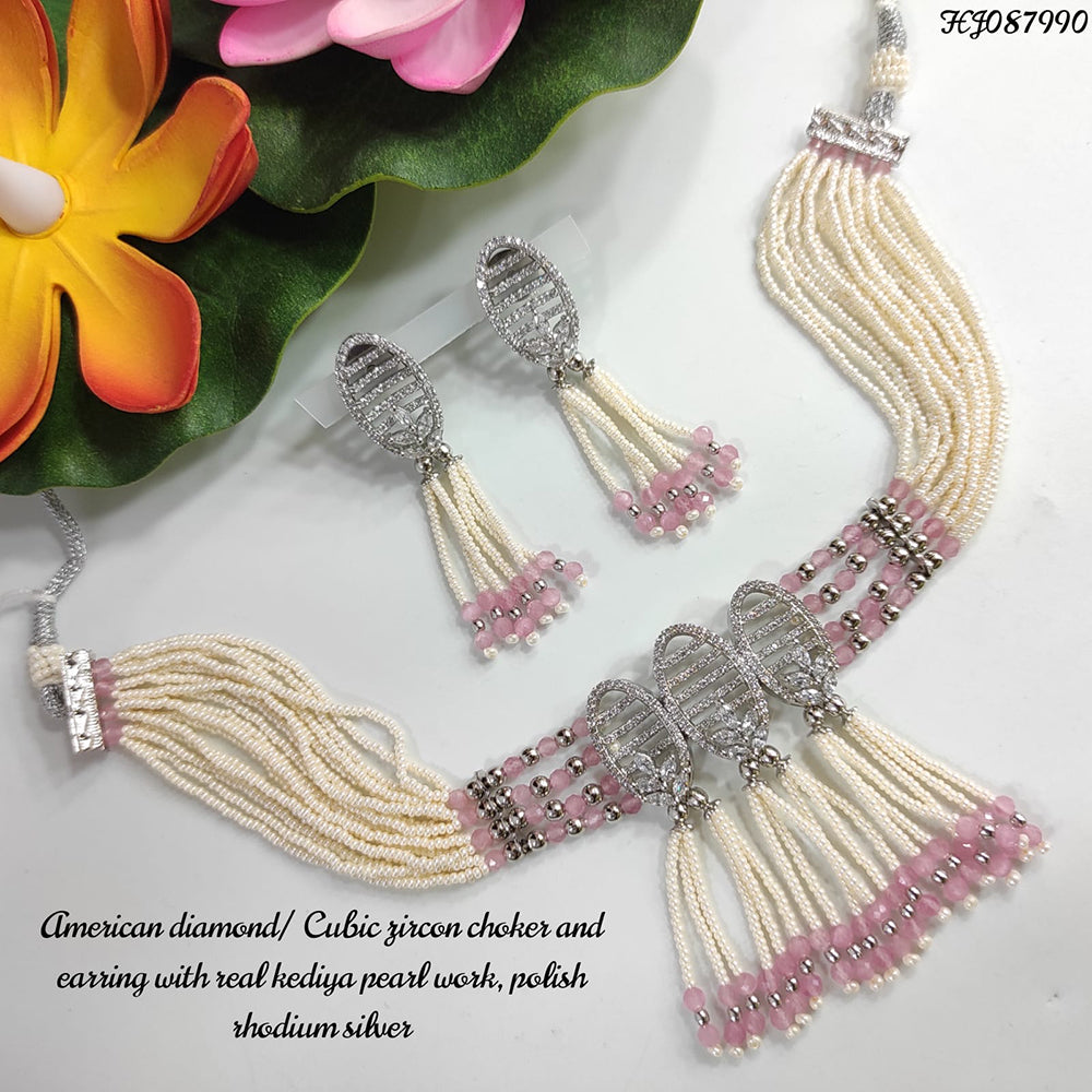 Heera Jewellers Silver Plated AD Stone Necklace Set