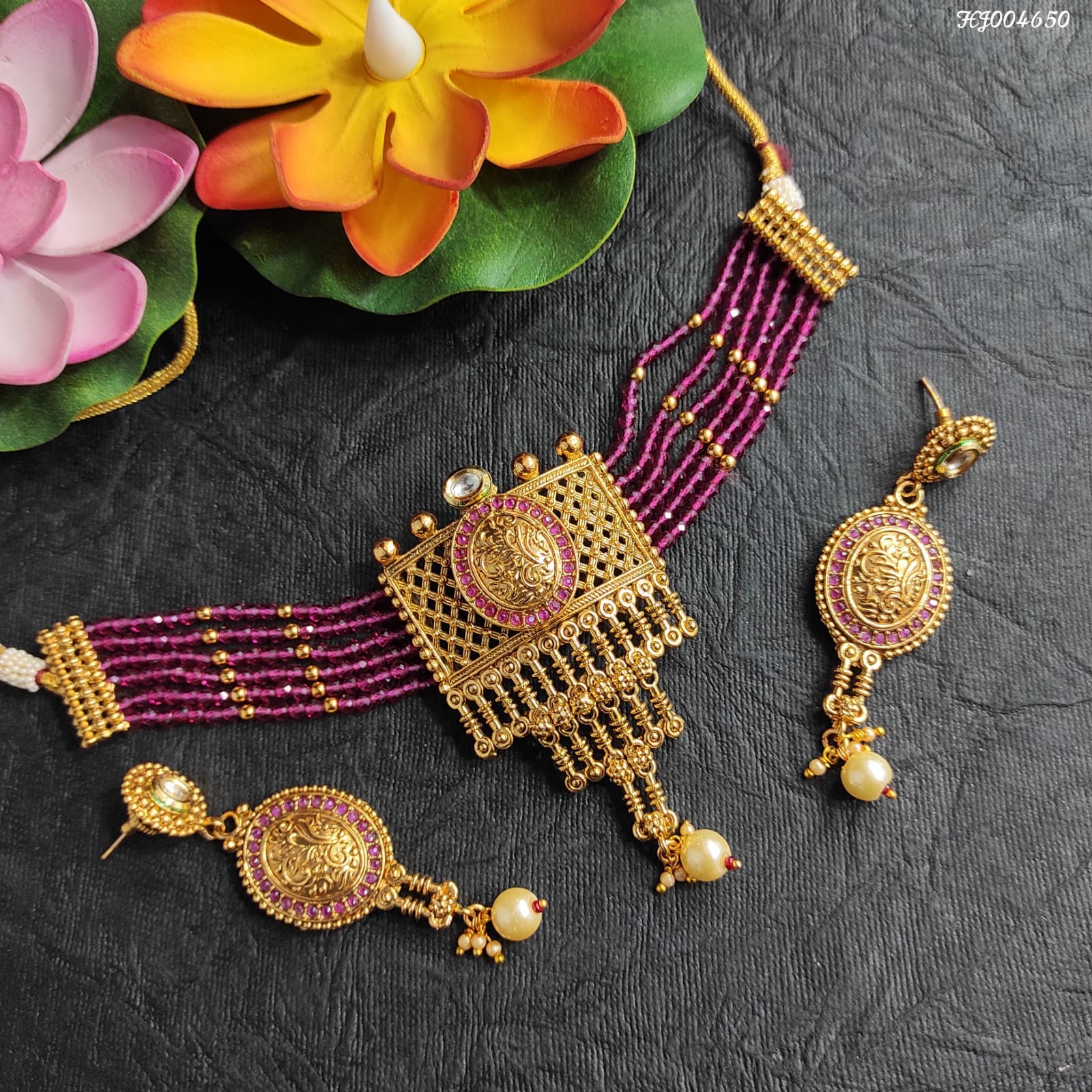 Heera Jewellers Gold Plated Austrian Stone Choker Necklace Set