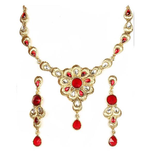 Kriaa Red Kundan Stone Floral Design Necklace Set - 1100507