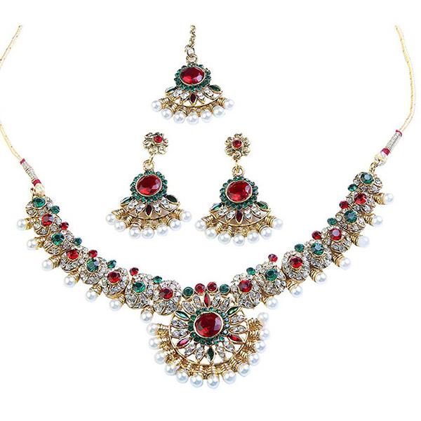 Kriaa Maroon Green Austrian Stone Gold Plated Necklace Set - 1100601