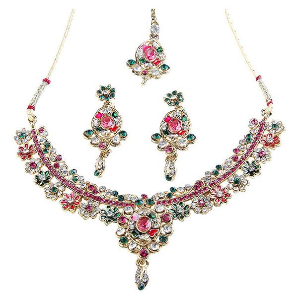 Kriaa Pink Green Austrian Stone Gold Plated Necklace Set - 1100606