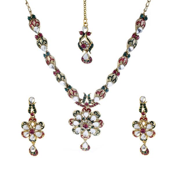 Kriaa Green  Austrian Stone  Necklace Set With Maang Tikka - 1100608