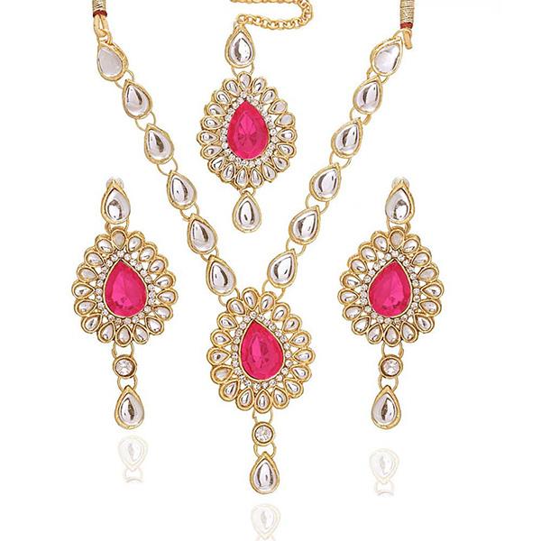 Vivant Charms Pink Kundan Necklace Set With Maang Tikka - 1100701
