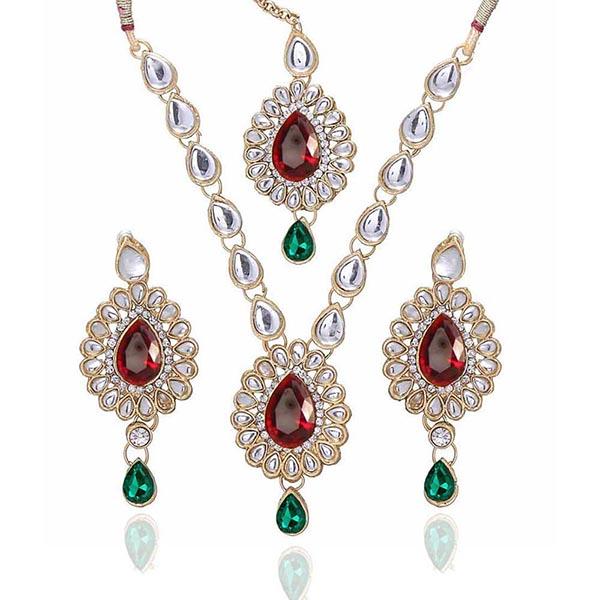 Kriaa Maroon Green Kundan Stone Gold Plated Necklace Set - 1100709