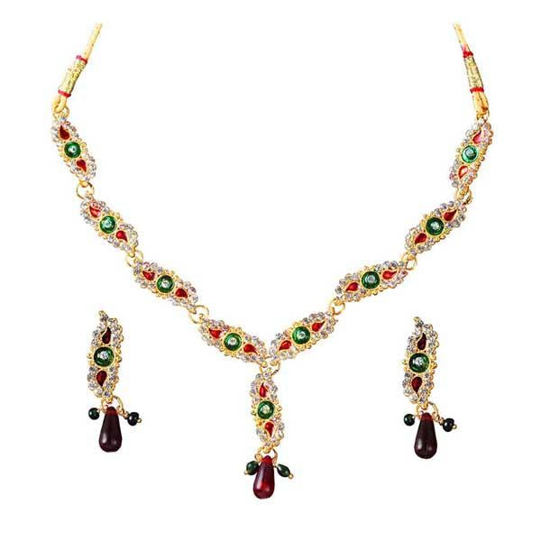 The99Jewel Red Meenakari Stone Gold Plated Necklace Set - 1100810