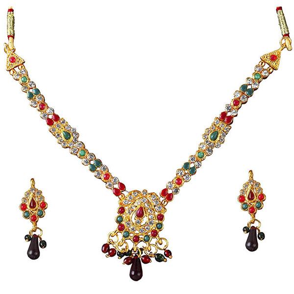 Kriaa Gold Plated Maroon Green Pota Stone Necklace Set