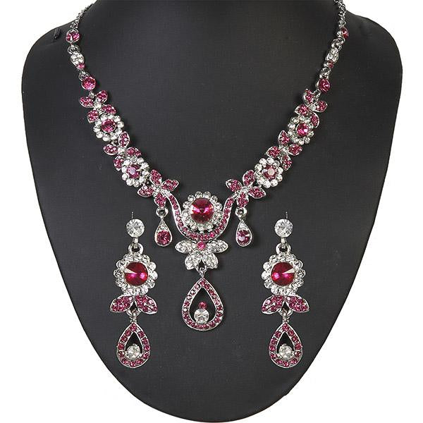 Kriaa Silver Plated Pink Austrian Stone Necklace Set - 1100921