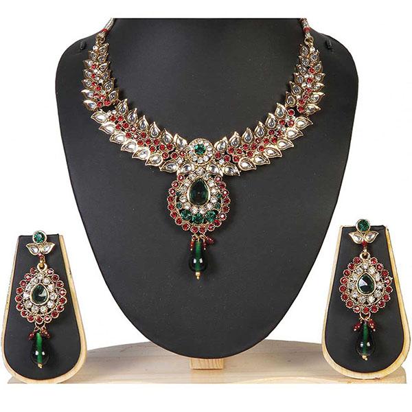 Kriaa Maroon Green Austrian Stone Gold Plated Necklace Set - 1100927