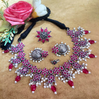 Vaamika Oxidised Pack Of 4 Necklace Earrings Ring & Nose Ring Combo Set ( assorted color)