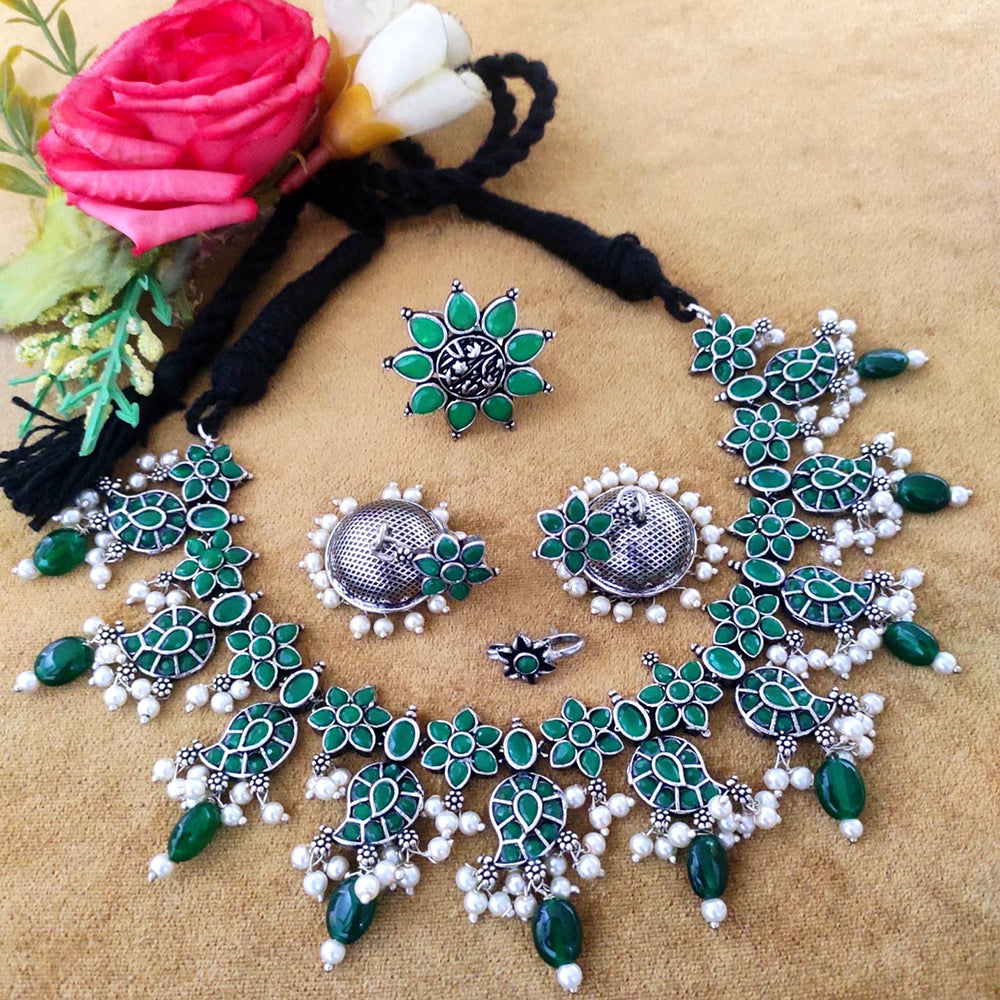 Vaamika Oxidised Pack Of 4 Necklace Earrings Ring & Nose Ring Combo Set ( assorted color)