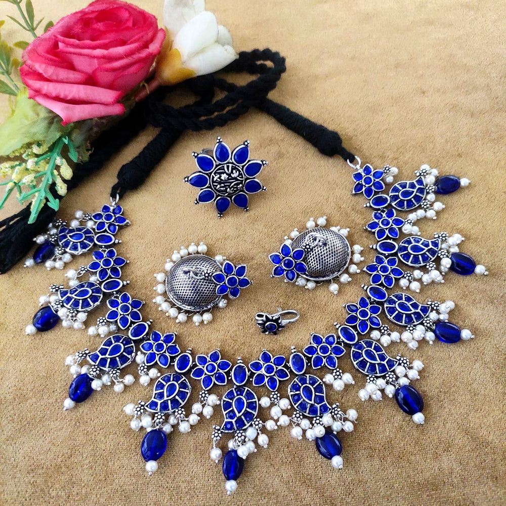 Vaamika Oxidised Pack Of 4 Necklace Earrings Ring & Nose Ring Combo Set ( assorted color)