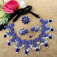 Vaamika Oxidised Pack Of 4 Necklace Earrings Ring & Nose Ring Combo Set ( assorted color)