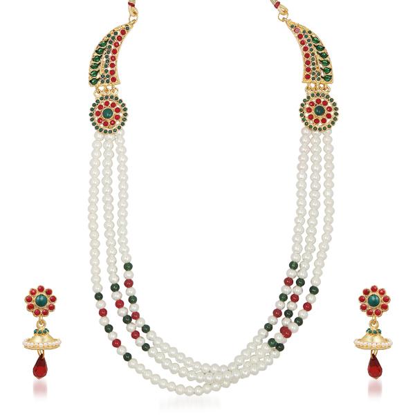 Soha Fashion Green Pota Stone 3 Line Pearl Necklace Set - 1101027