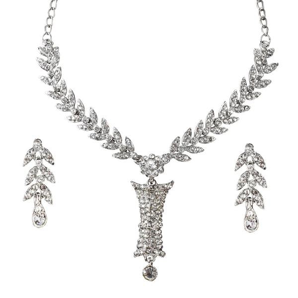 Kriaa White Austrian Stone Leaf  Rhodium Plated Necklace Set - 1101101