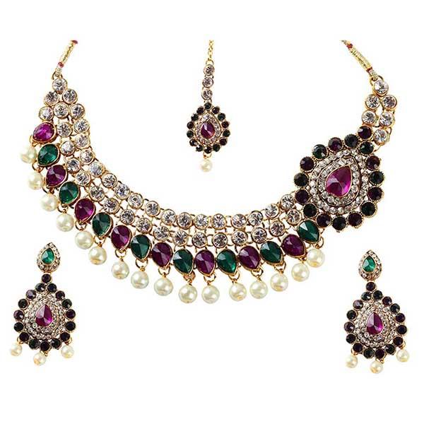 Soha Fashions Purple Austrian Stone Gold Plated Necklace Set - 1102306