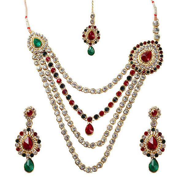 Vivant Charms Maroon Stone Necklace Set With Maang Tikka - 1102310