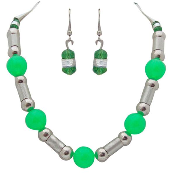 Beadside Green Beads Rhodium Plated Statement Necklace Set - 1102507