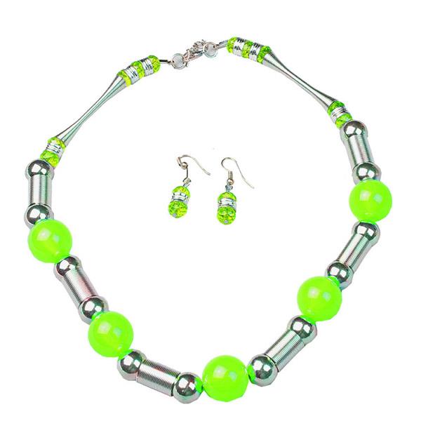 Beadside Green Beads Rhodium Plated Statement Necklace Set - 1102513