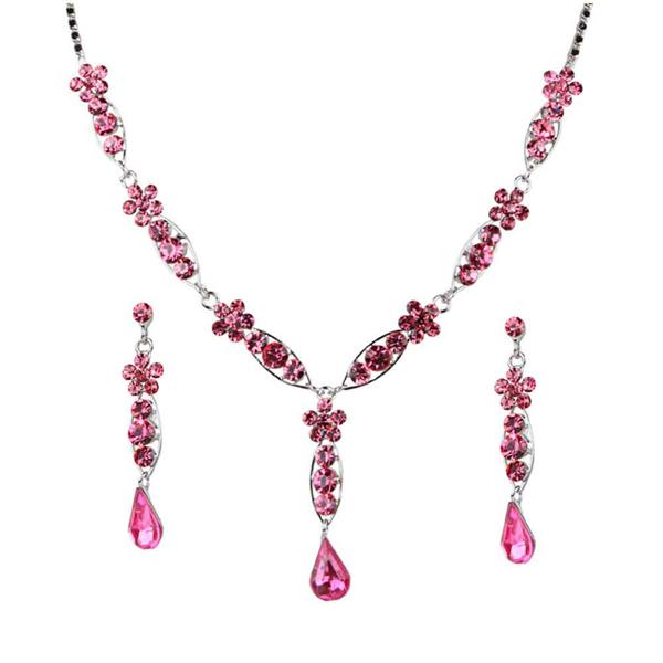 Urthn Pink Austrian Stone Rhodium Plated Necklace Set - 1102828