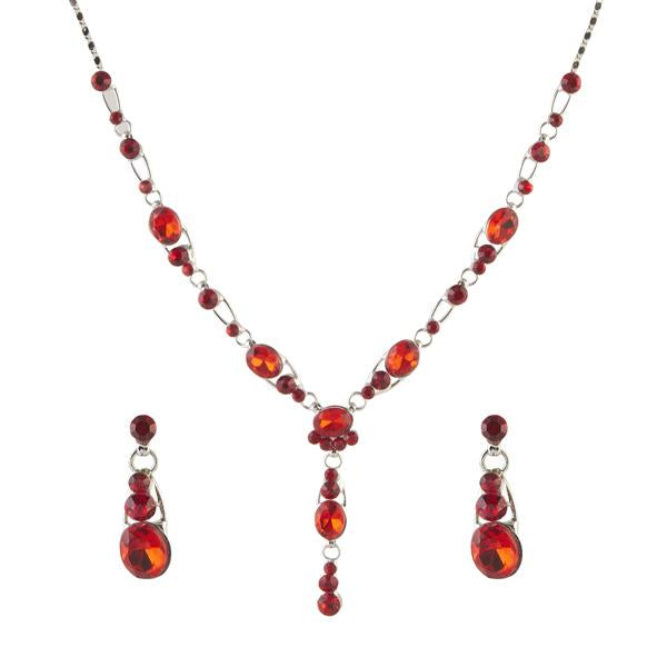 Urthn Red Austrian Stone Rhodium Plated Necklace Set - 1102832