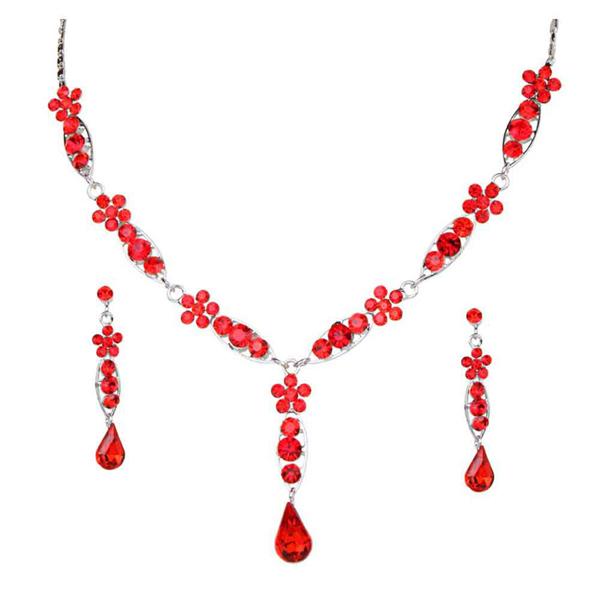 Urthn Red Austrian Stone Rhodium Plated Necklace Set - 1102834