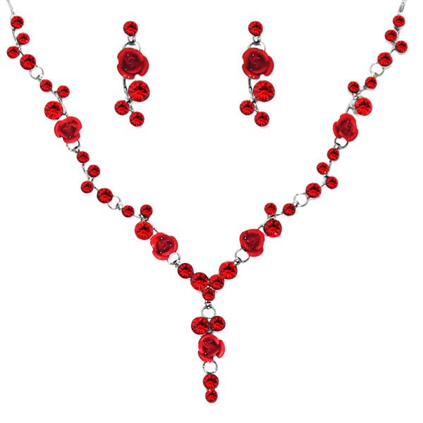 Urthn Red Austrian Stone Rhodium Plated Necklace Set - 1102850