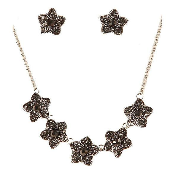 Jeweljunk Floral Design Black Stone Statement Necklace Set - 1103036