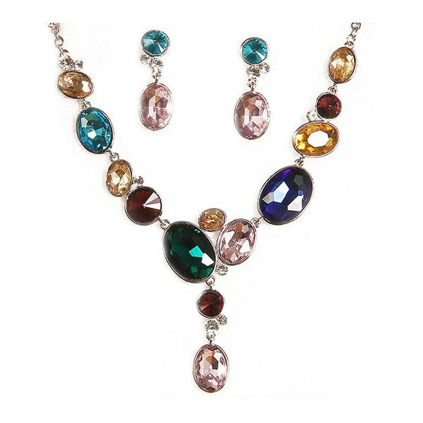 Kriaa Multicolor Austrian Silver Plated  Necklace Set - 1103044