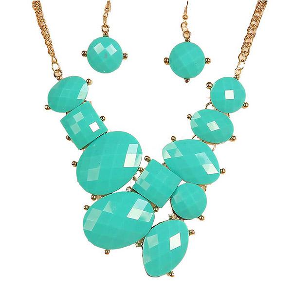 Jeweljunk Green Stone Gold Plated Statement Necklace Set - 1103057