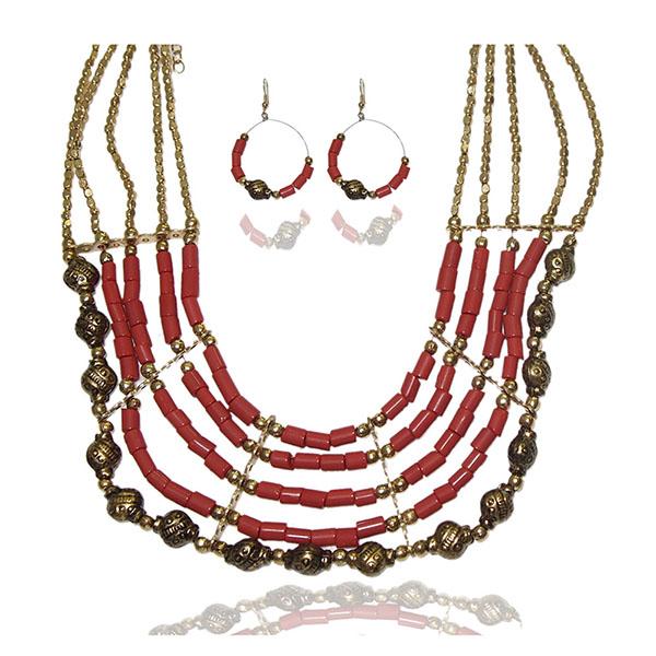 Tip Top Fashions Pink Beads Gold Plated Necklace Set - 1103315