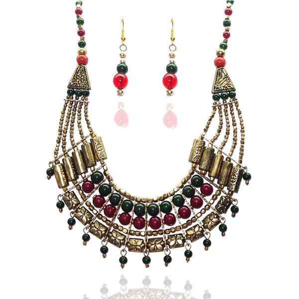 Beadside Antique Gold Plated Multicolour Beads Statement Necklace Set - 1103405