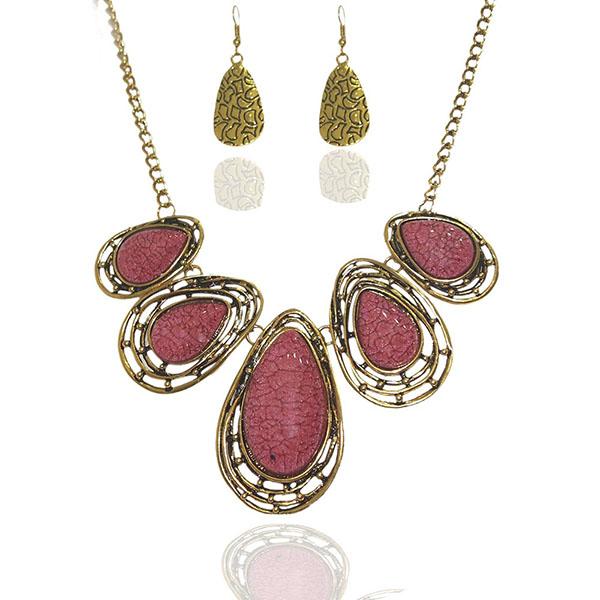 Jeweljunk Antique Gold Plated Stone Statement Necklace Set - 1103413