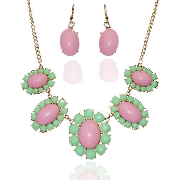 Beadside Pink And Green Stone Statement Necklace Set - 1103440