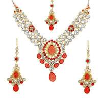 Vivant Charms Orange Austrian Stone Necklace Set With Maang Tikka - 1103638