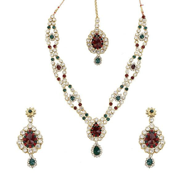 Kriaa Maroon Austrian Stone Necklace Set With Maang Tikka - 1103641