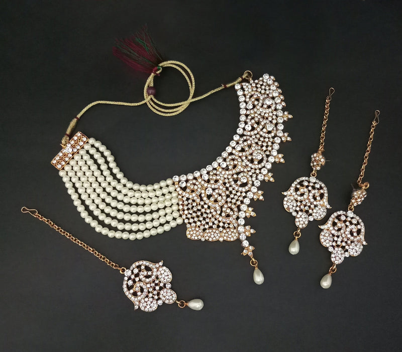 Kriaa Austrian Stone Pearl Gold Plated Necklace Set With Maang Tikka - 1103657A