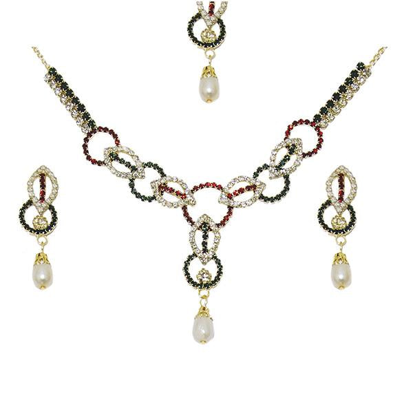 Kriaa Gold Plated Maroon Green Pearl Necklace Set With MaangTikka