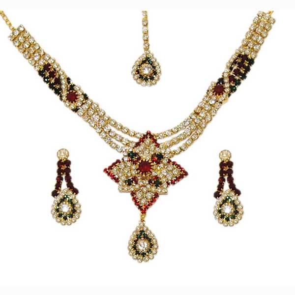 Kriaa Stone Drop Gold Plated Necklace Set With Maang Tikka