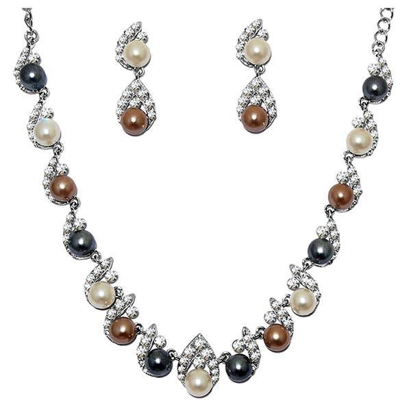 Kriaa Pearl Austrian Stone Silver Plated Necklace Set - 1103808