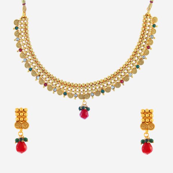 Utkrishtt Red Austrian Stone Gold Plated Necklace Set - 1104503