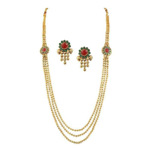 Kriaa Maroon Green Austrian Stone Gold Plated Necklace Set - 1104516