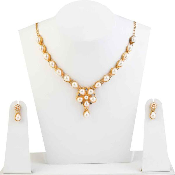 Kriaa White Pearl Floral Design Gold Plated Necklace Set - 1104530