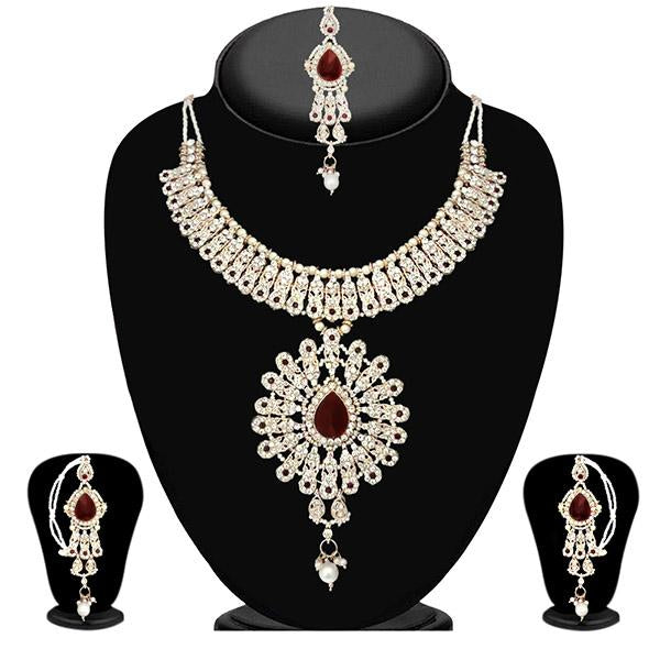 Kriaa Maroon Austrian Stone Necklace Set With Maang Tikka - 1104801